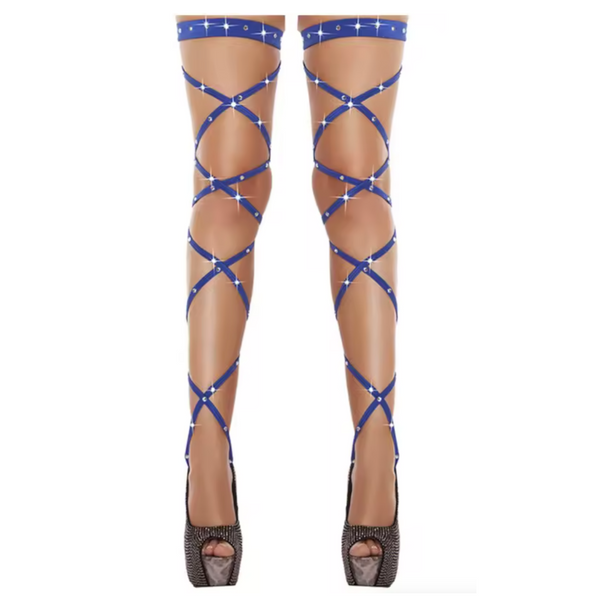 Sexy Wrap Kousen – Verleidelijke Stay-Up Stockings met Veters – One Size – Blauw met Steentjes – Luxe Erotische Lingerie - Bondage - Veters Benen Hakken