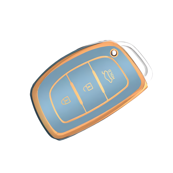 Zachte TPU Sleutelcover - Sleutelhoesje Geschikt voor Hyundai IX25 / IX35 / IX45 / I10 / I20 / I30 / HB20 / Elantra / Solaris / Sonata / Santa Fe / Sport Tucson - Blauw met Goud - Key Cover - Auto Accessoires