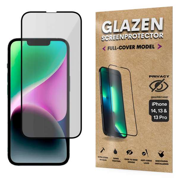 Privacy Screenprotector - Geschikt voor iPhone 16E / 14 / 13 / 13 Pro - Gehard Glas - Full Cover Tempered Privacy Glass - Case Friendly
