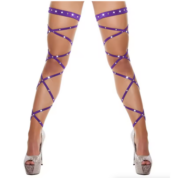 Sexy Wrap Kousen – Verleidelijke Stay-Up Stockings met Veters – One Size – Paars met Steentjes – Luxe Erotische Lingerie - Veters Benen Hakken