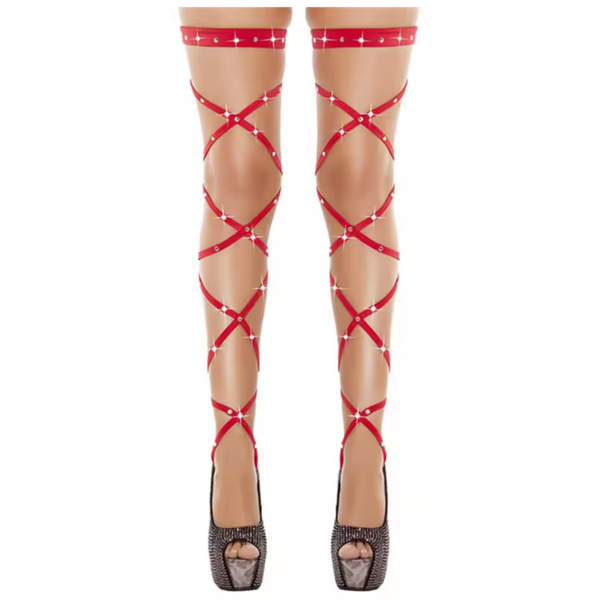 Sexy Wrap Kousen – Verleidelijke Stay-Up Stockings met Veters – One Size – Rood met Steentjes – Luxe Erotische Lingerie - Veters Benen Hakken