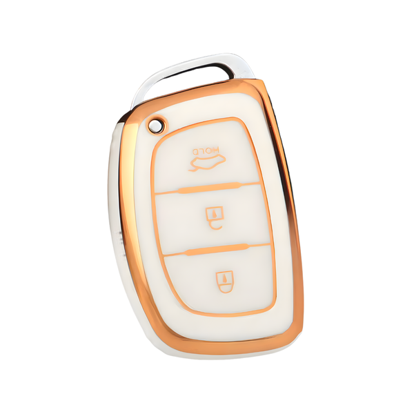 Zachte TPU Sleutelcover - Sleutelhoesje Geschikt voor Hyundai IX25 / IX35 / IX45 / I10 / I20 / I30 / HB20 / Elantra / Solaris / Sonata / Santa Fe / Sport Tucson - Wit met Goud - Key Cover - Auto Accessoires