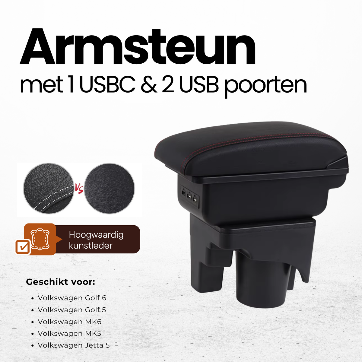 Multifunctionele Armsteun - Geschikt voor Volkswagen Golf 6 / Volkswagen Golf 5 / Volkswagen MK6 / Volkswagen MK5 / Volkswagen Jetta 5 - 1 USBC & 2 USB Aansluitingen - Opbergvakken - Armleuning - Middenconsole - Bekerhouder