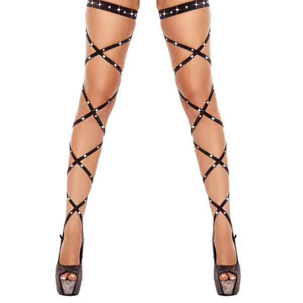 Sexy Wrap Kousen – Verleidelijke Stay-Up Stockings met Veters – One Size – Zwart met Steentjes – Luxe Erotische Lingerie - Veters Benen Hakken