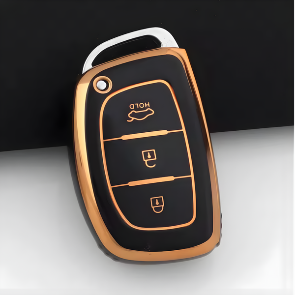 Zachte TPU Sleutelcover - Sleutelhoesje Geschikt voor Hyundai IX25 / IX35 / IX45 / I10 / I20 / I30 / HB20 / Elantra / Solaris / Sonata / Santa Fe / Sport Tucson - Zwart met Goud - Key Cover - Auto Accessoires
