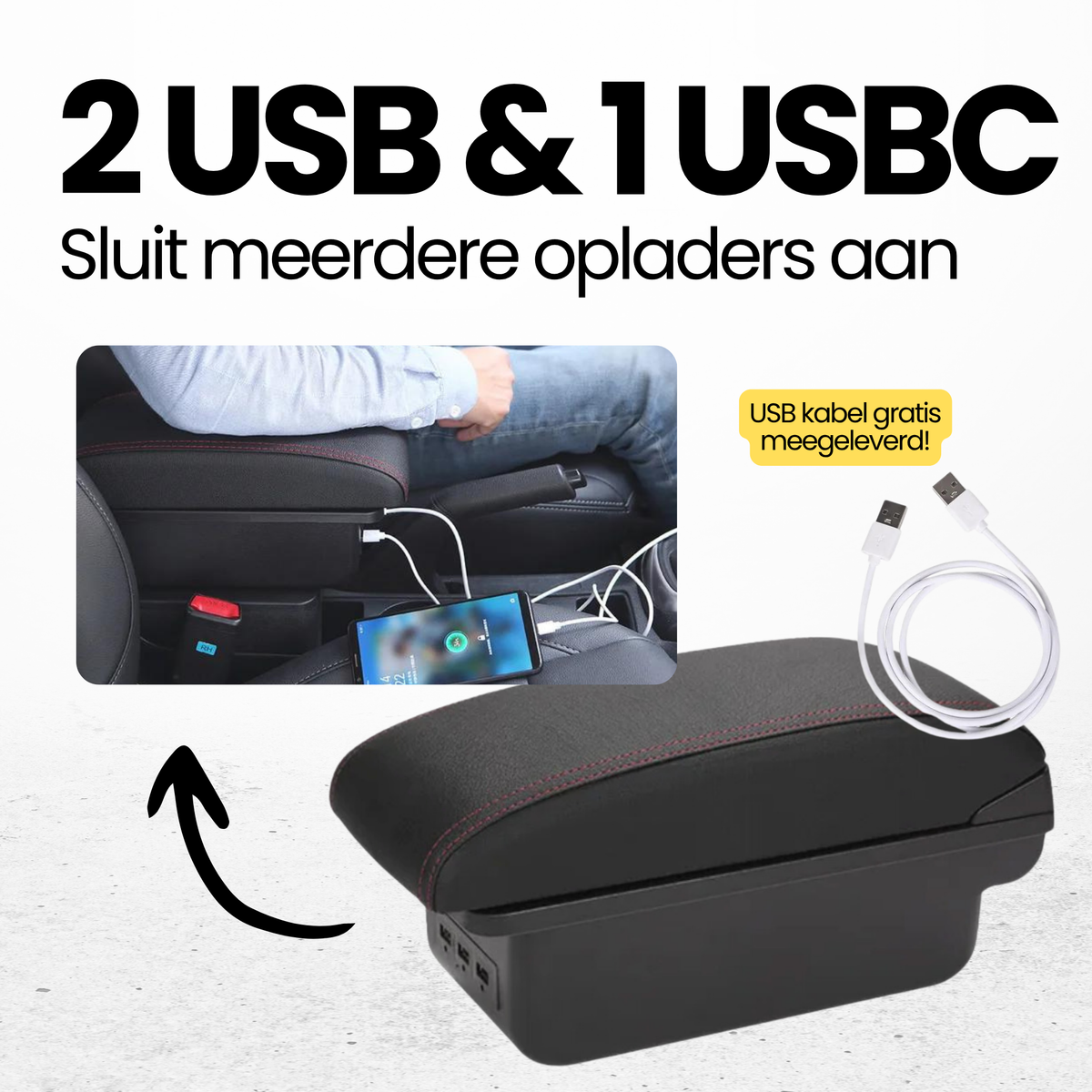 Multifunctionele Armsteun - Geschikt voor Volkswagen Golf 6 / Volkswagen Golf 5 / Volkswagen MK6 / Volkswagen MK5 / Volkswagen Jetta 5 - 1 USBC & 2 USB Aansluitingen - Opbergvakken - Armleuning - Middenconsole - Bekerhouder