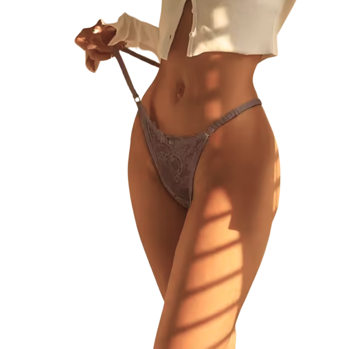 Sexy Kanten String – Bruin - Lingerie met Kant, Strikje en Steentje – Verleidelijk en Comfortabel Dames Ondergoed - Slip / Onderbroek Voor Vrouwen - One Size