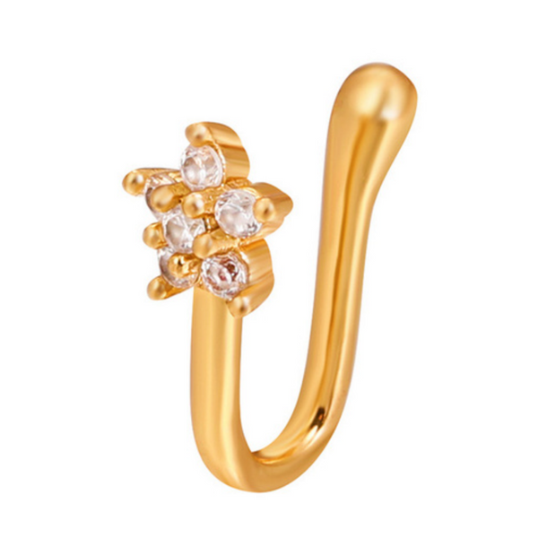 Fake Neuspiercing Goud - Bloem met Diamantjes - Nep Neuspiercing Sieraad - Neusring - Nep Piercing Neus Ringetje - Metaal