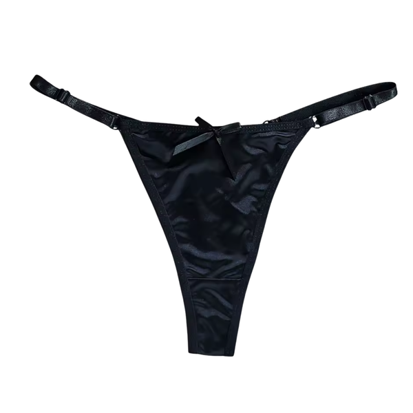 Sexy Satijnen String met Strik - Zwart - Schattig - Satijn & Strikje - Dames Onderbroek - Lingerie / Ondergoed - Maat L