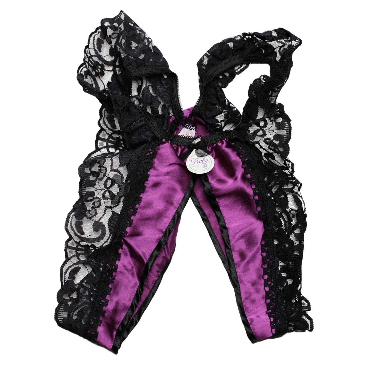 Elbrina Open Kruis String – Paars met Zwart Kant – Verleidelijke en Sexy Dames Lingerie – Comfortabel en Luxe Ondergoed - Maat L