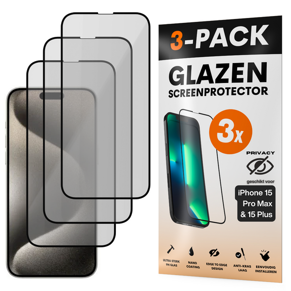 Privacy Screenprotector - Geschikt voor iPhone 15 Pro Max / 15 Plus - Gehard Glas - Full Cover Tempered Privacy Glass - Case Friendly - 3 Pack