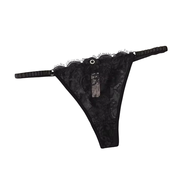 Sexy Kanten String – Zwart - Lingerie met Kant, Strikje en Steentje – Verleidelijk en Comfortabel Dames Ondergoed - Slip / Onderbroek Voor Vrouwen - One Size