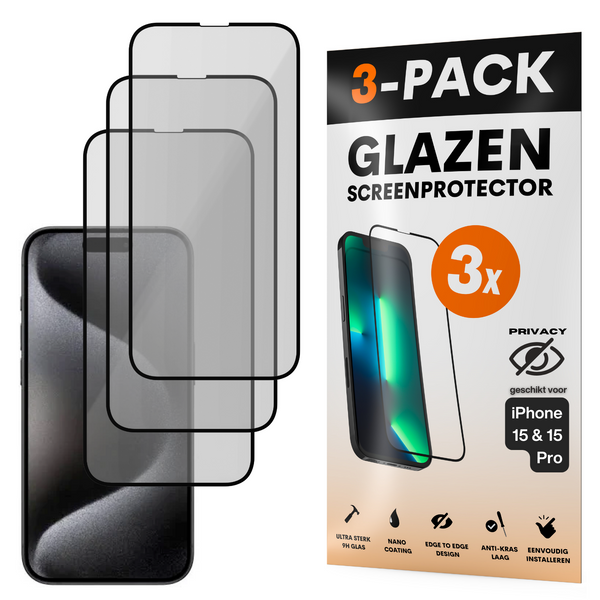 Privacy Screenprotector - Geschikt voor iPhone 15 / 15 Pro - Gehard Glas - Full Cover Tempered Privacy Glass - Case Friendly - 3 Pack