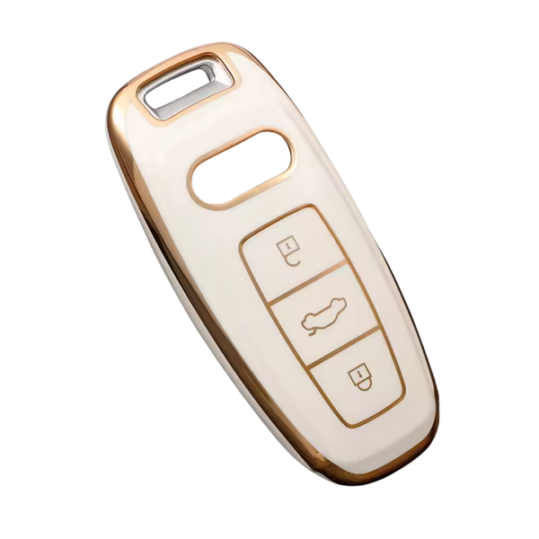 Zachte TPU Sleutelcover - Sleutelhoesje Geschikt voor Audi A3 / A4 / B9 / A6 / C8 / A7 / S7 / 4K / A8 / D5 / S8 / Q7 / Q8 / SQ8 / E-tron / 2018 / 2019 / 2020 / 2021 / 2022  - Wit met Goud - Key Cover - Auto Accessoires