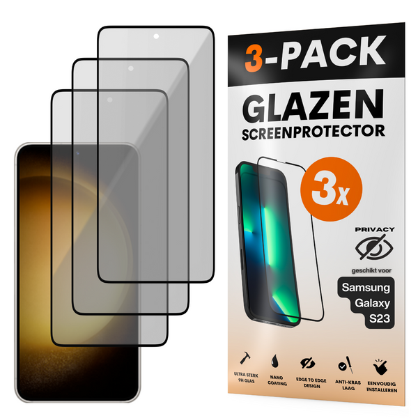 Privacy Screenprotector - Geschikt voor Samsung Galaxy S23 - Gehard Glas - Full Cover Tempered Privacy Glass - Case Friendly - 3 Pack