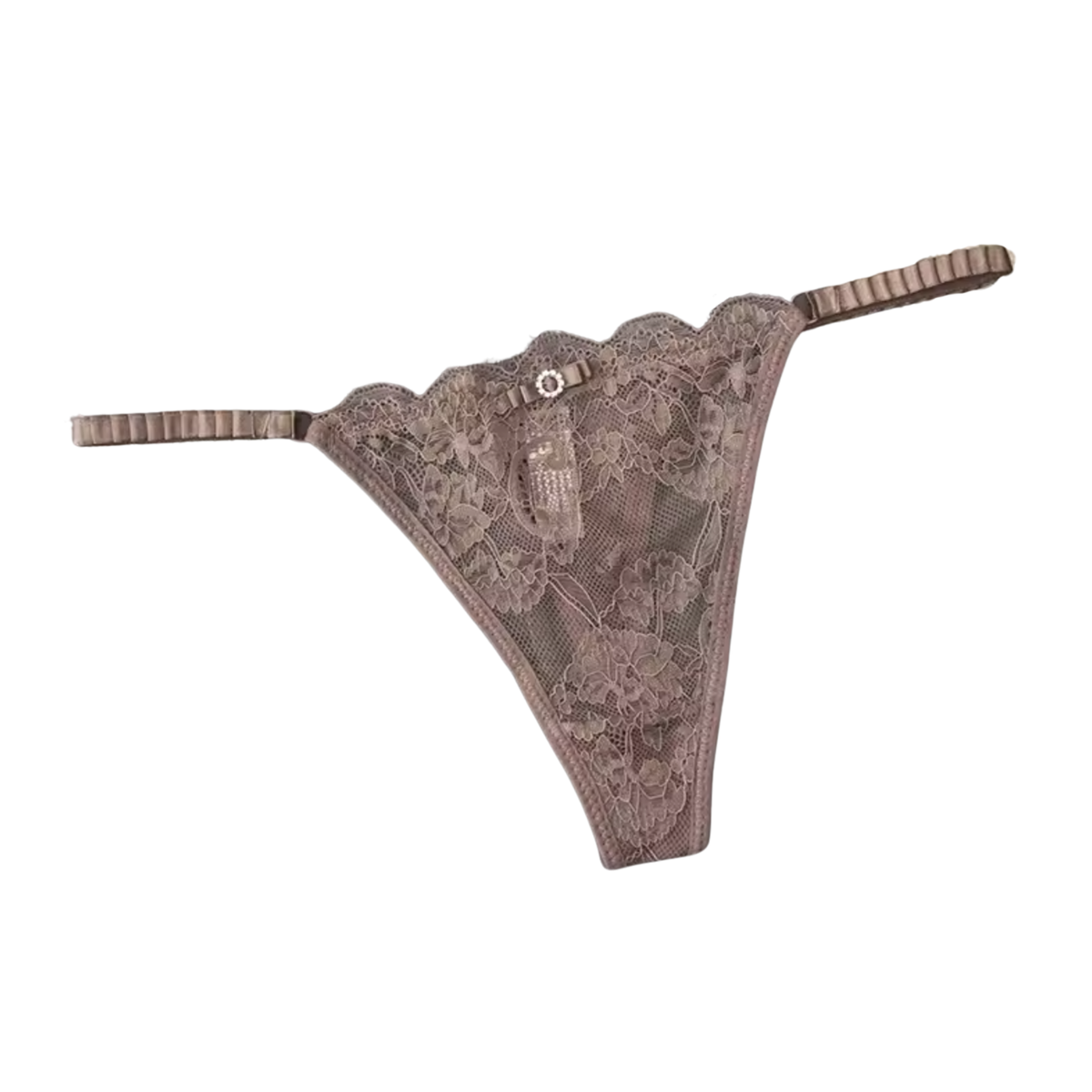 Sexy Kanten String – Taupe - Lingerie met Kant, Strikje en Steentje – Verleidelijk en Comfortabel Dames Ondergoed - Slip / Onderbroek Voor Vrouwen - One Size