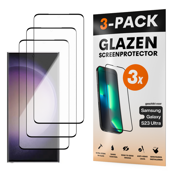 Screenprotector - Geschikt voor Samsung Galaxy S23 Ultra - Gehard Glas - Full Cover Tempered Glass - Case Friendly - 3 Pack