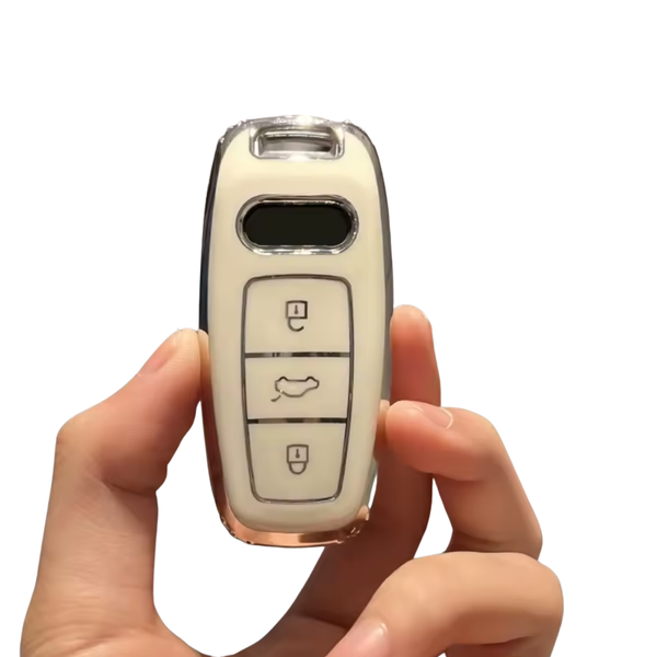 Zachte TPU Sleutelcover - Sleutelhoesje Geschikt voor Audi A3 / A4 / B9 / A6 / C8 / A7 / S7 / 4K / A8 / D5 / S8 / Q7 / Q8 / SQ8 / E-tron / 2018 / 2019 / 2020 / 2021 / 2022  - Wit met Zilver - Key Cover - Auto Accessoires