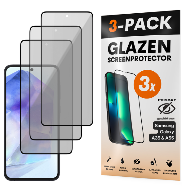 Privacy Screenprotector - Geschikt voor Samsung Galaxy A35 / A55 - Gehard Glas - Full Cover Tempered Privacy Glass - Case Friendly - 3 Pack