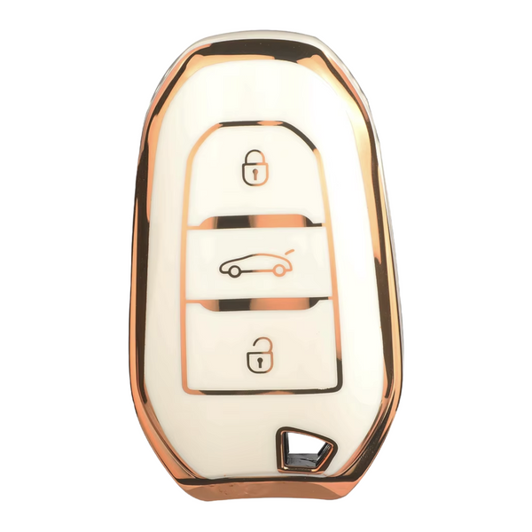 Zachte TPU Sleutelcover - Sleutelhoesje Geschikt voor Peugeot 208 / 308 / 408 / 508 / 2008 / 3008 / 4008 / 5008 / Citroën C3 / C4 / C6 / C8 / Cactus - Wit met Goud - Key Cover - Auto Accessoires