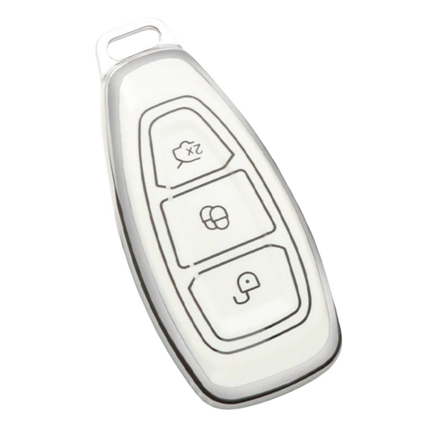 Zachte TPU Sleutelcover - Geschikt voor Ford Focus / Fiesta / Kuga / Fusion / Mondeo / Ecosport / ST - Wit Zilver Metallic - Sleutel Hoesje Cover - Randen Zilver - Auto Accessoires