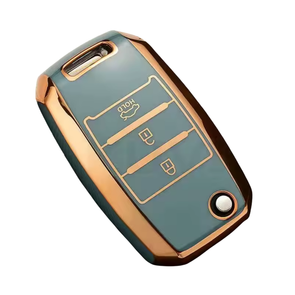 Zachte TPU Sleutelcover - Sleutelhoesje Geschikt voor Kia Picanto / Sportage 2017 / 2020 / Rio 3 / Cerato 4 / Soul / K5 / Ceed / Optima / Seltos / Sorento / Stinger / Forte - Blauw met Goud - Key Cover - Auto Accessoires