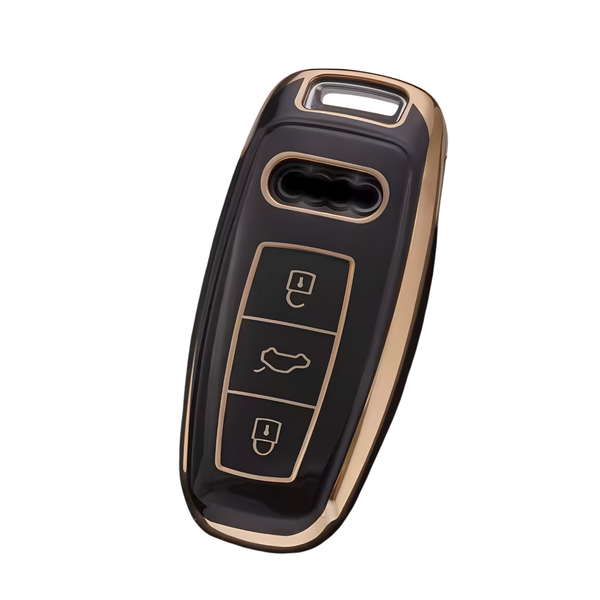 Zachte TPU Sleutelcover - Sleutelhoesje Geschikt voor Audi A3 / A4 / B9 / A6 / C8 / A7 / S7 / 4K / A8 / D5 / S8 / Q7 / Q8 / SQ8 / E-tron / 2018 / 2019 / 2020 / 2021 / 2022  - Zwart met Goud - Key Cover - Auto Accessoires