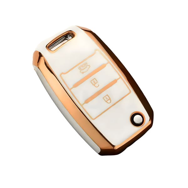 Zachte TPU Sleutelcover - Sleutelhoesje Geschikt voor Kia Picanto / Sportage 2017 / 2020 / Rio 3 / Cerato 4 / Soul / K5 / Ceed / Optima / Seltos / Sorento / Stinger / Forte - Wit met Goud - Key Cover - Auto Accessoires