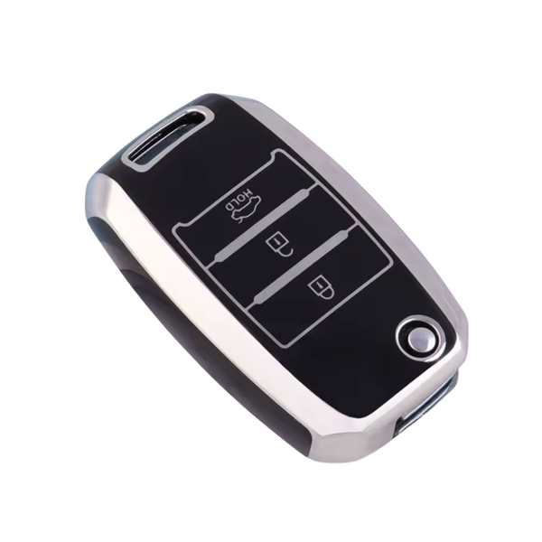 Zachte TPU Sleutelcover - Sleutelhoesje Geschikt voor Kia Picanto / Sportage 2017 / 2020 / Rio 3 / Cerato 4 / Soul / K5 / Ceed / Optima / Seltos / Sorento / Stinger / Forte - Zwart met Zilver - Key Cover - Auto Accessoires