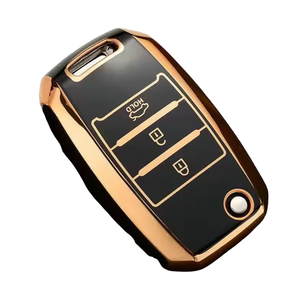Zachte TPU Sleutelcover - Sleutelhoesje Geschikt voor Kia Picanto / Sportage 2017 / 2020 / Rio 3 / Cerato 4 / Soul / K5 / Ceed / Optima / Seltos / Sorento / Stinger / Forte - Zwart met Goud - Key Cover - Auto Accessoires