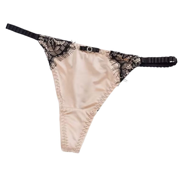 Satijnen Dames String – Beige - Glanzend Satijn & Zacht Kant – Zwart Kant - Sexy Lingerie Voor Vrouwen - Comfortabel Ondergoed  - Slips / Onderbroeken - One Size