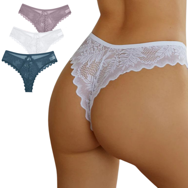 3 Pack - Sexy Brazilian Dames String - Kant - Wit, Groen en Nude  - Dames Lingerie / Ondergoed Set - Maat XL