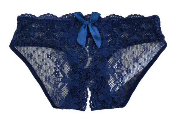 Sexy Slip met Kant - Open Kruis - Blauw Kant - Erotisch Design met Bloemen en Strik - One Size String - Dames Onderbroek - Lingerie / Ondergoed