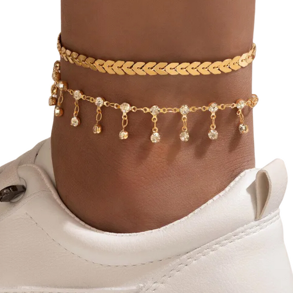 Set van 2 Enkelbandjes - Goudkleurig - 2 Stuks - Diamantjes - Enkelbanden - Enkel Sierraad - Cadeau Dames