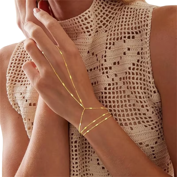 Handketting - Goud - Ketting Met Plaatjes - Dubbele Armband - Handsierraad Goudkleurig - Armband & Ring Dames - Hand Sierraad Ketting