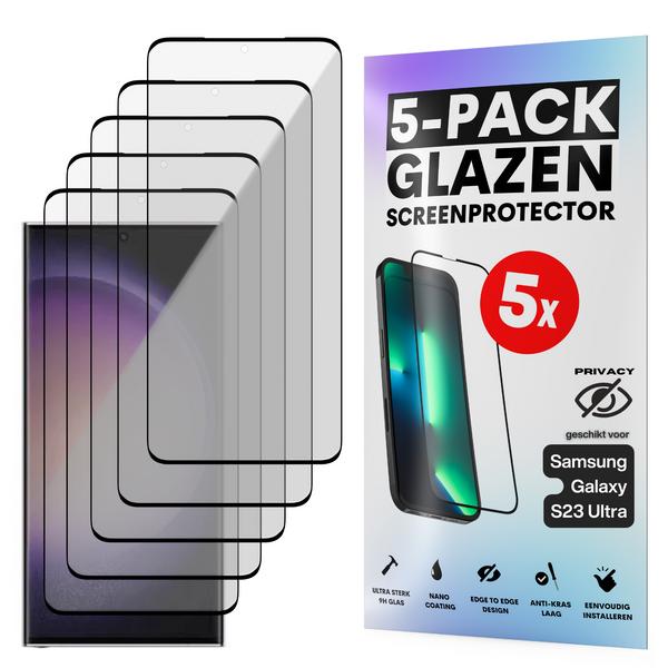 Privacy Screenprotector - Geschikt voor Samsung Galaxy S23 Ultra - Gehard Glas - Full Cover Tempered Privacy Glass - Case Friendly - 5 Pack