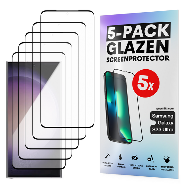 Screenprotector - Geschikt voor Samsung Galaxy S23 Ultra - Gehard Glas - Full Cover Tempered Glass - Case Friendly - 5 Pack
