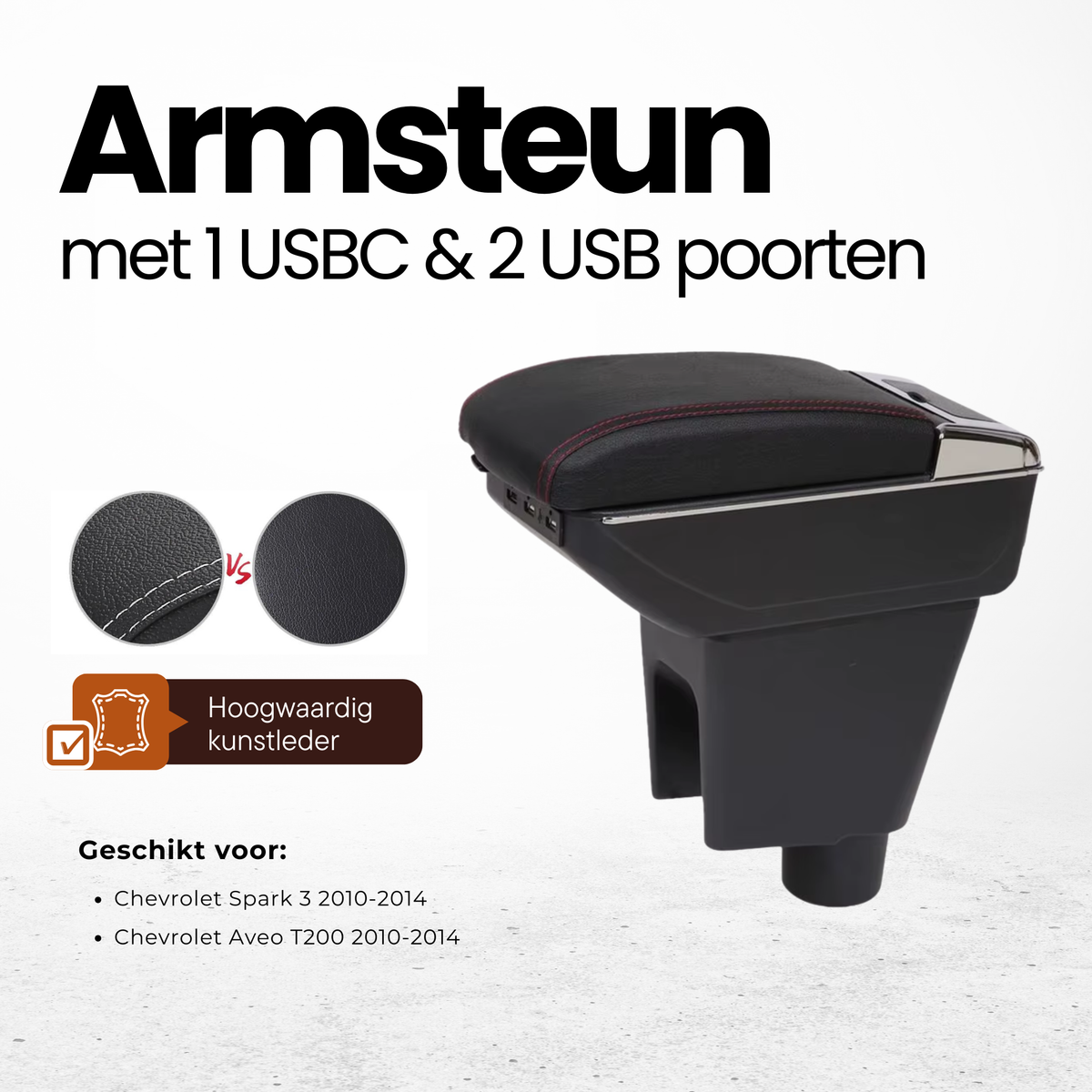 Multifunctionele Armsteun - Geschikt voor Chevrolet Spark 3 2010-2014 & Chevrolet Aveo T200 2010-2014 - 1 USBC & 2 USB Aansluitingen - Opbergvakken - Armleuning - Middenconsole - Bekerhouder